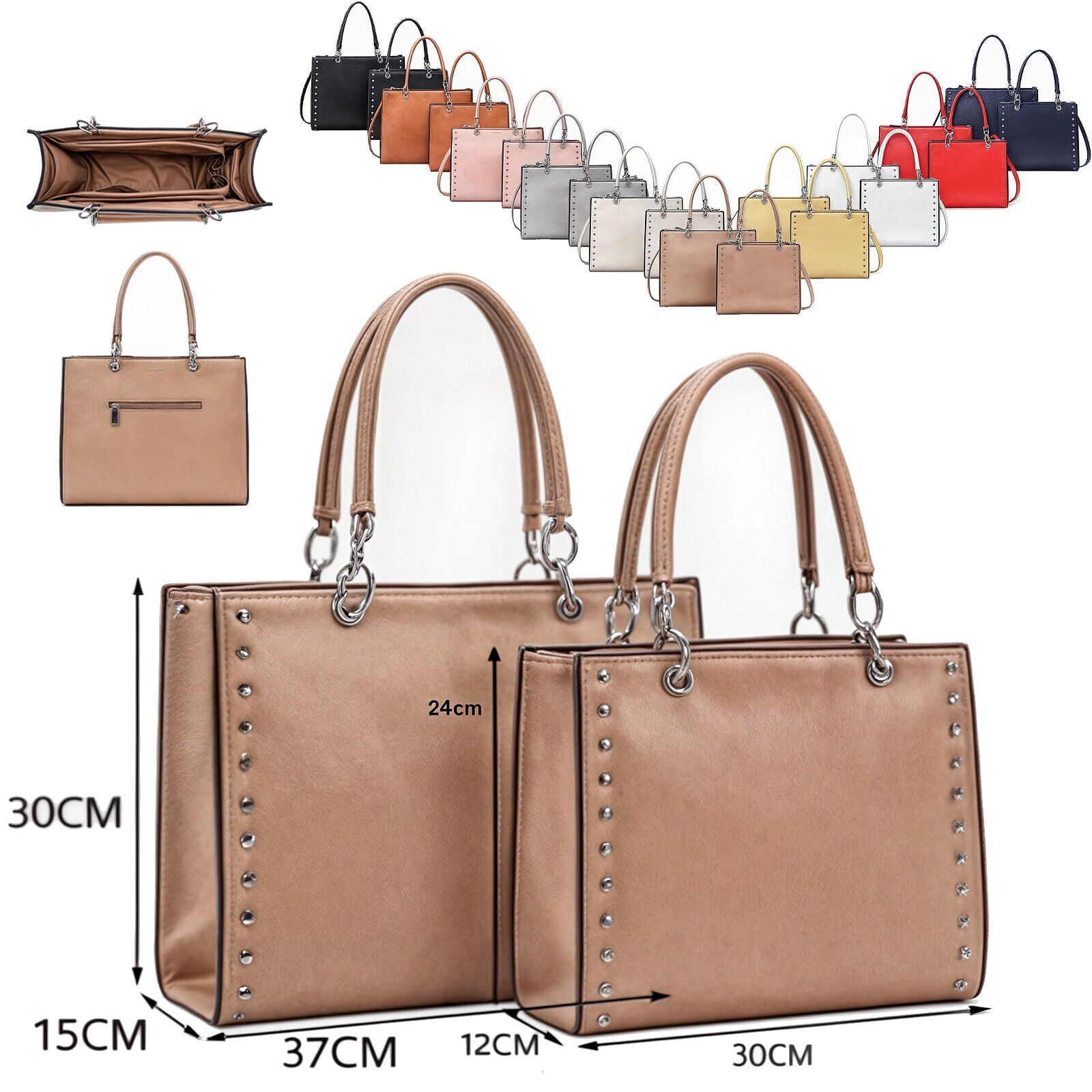 borchiata  borsa set 2 pezzi borche classica shopping spalla donna tracolla