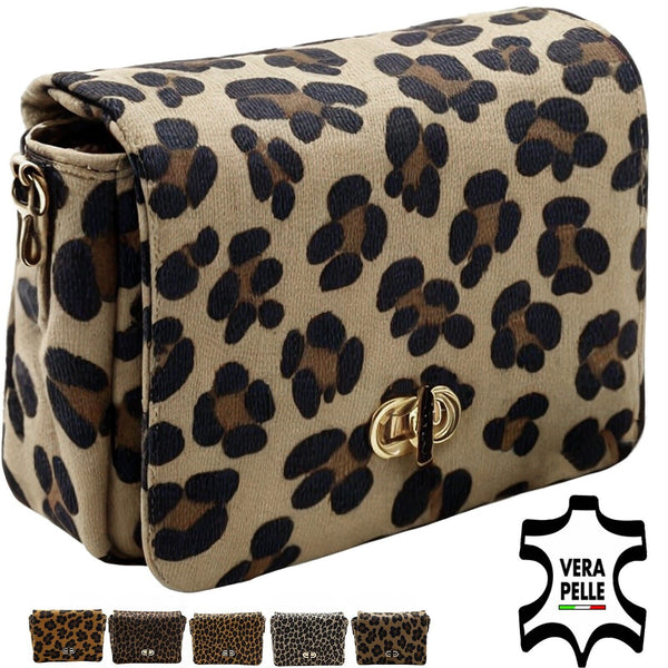 Borsetta borsa tracolla a mano donna VERA PELLE CAMOSCIO animalier maculata oro