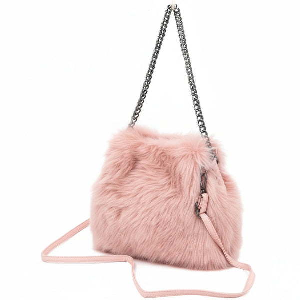 La Brava - Borsa firmata Gyoiamea in eco pelliccia morbida teddy pelo tracolla manici a catena