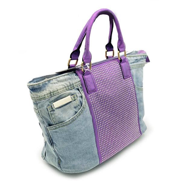 Borsa di jeans con strass glitter grande spalla shop grande capiente glitterata