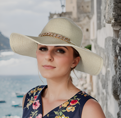 Cappello DIVA1 in paglia donna modello panama Floppy Hat morbido catena Boater