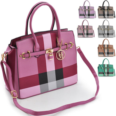 Borsa bauletto donna fantasia tartan check casual lucchetto tracolla rigida