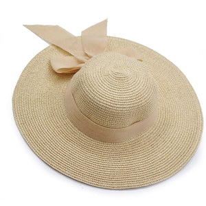 Cappello in paglia donna modello panama Floppy Hat morbido fiocco beige Boater
