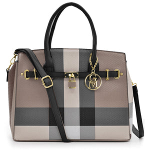 Borsa bauletto donna fantasia tartan check casual lucchetto tracolla rigida