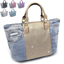 Carica l&#39;immagine nel visualizzatore di Gallery, Borsa di jeans con strass glitter grande spalla shop grande capiente glitterata