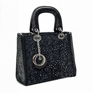 Borsa a mano mini ecopelle nera strass bauletto zip manico doppio Elegante NUOVO