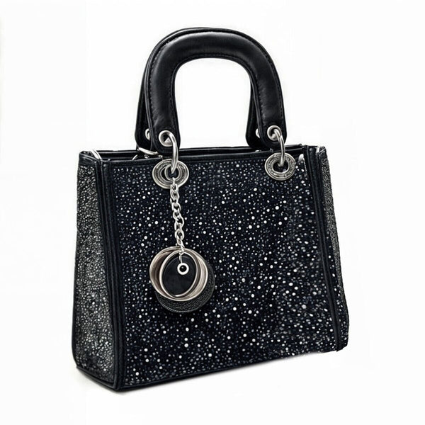 Borsa a mano mini ecopelle nera strass bauletto zip manico doppio Elegante NUOVO