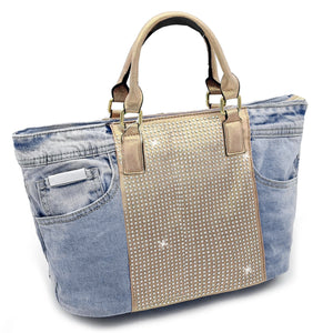 Borsa di jeans con strass glitter grande spalla shop grande capiente glitterata