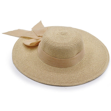 Cappello in paglia donna modello panama Floppy Hat morbido fiocco beige Boater
