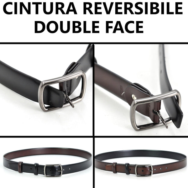 Cintura Cinta Uomo 3 cm reversibile bicolore double face nero Pelle Classica