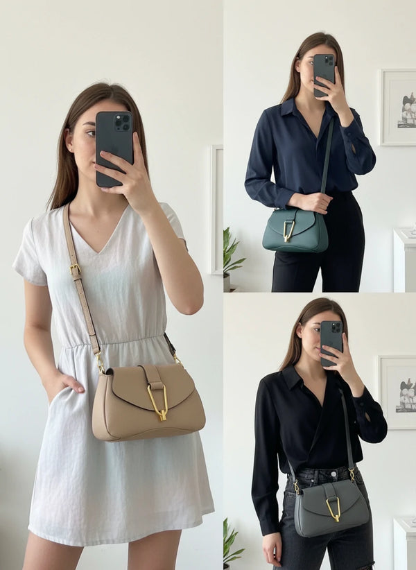 YYcoveri Borsa firmata a mano e tracolla 2 in 1 –_ mezzaluna con chiusura dorata simil pelle martellata