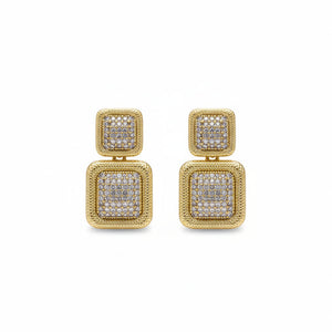 Orecchini a Lobo Geometrici Doppi Quadrati in Oro e Pavé di Zirconi