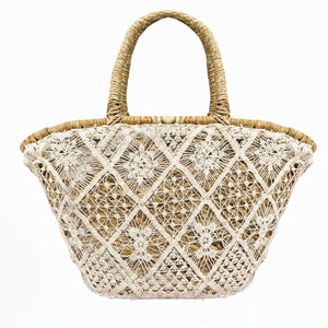 Sole e Paglia – Borsa Coffa Donna in Paglia Naturale Traforata pizzo bianco Grande Vimini Mare Spiaggia Palma Decorata