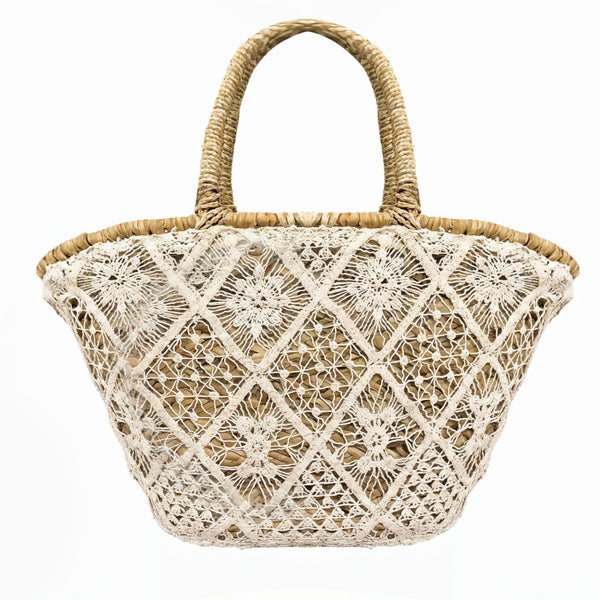 Sole e Paglia – Borsa Coffa Donna in Paglia Naturale Traforata pizzo bianco Grande Vimini Mare Spiaggia Palma Decorata