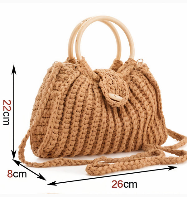 Lipari Terra  – Borsetta Donna a Spalla in Macramè Boho Piccola Borsa Estiva con Frange paglia Naturali