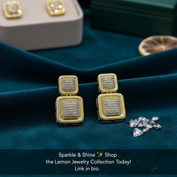 Orecchini a Lobo Geometrici Doppi Quadrati in Oro e Pavé di Zirconi