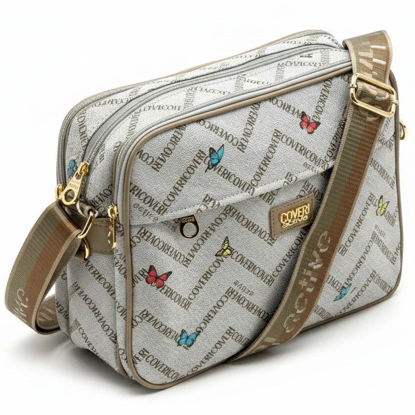 Borsa firmata Coveri active borsetta donna logo zip tracolla fantasia farfalle grande multi tasche limited edition