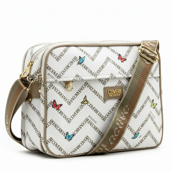 Borsa firmata Coveri active borsetta donna logo zip tracolla fantasia farfalle grande multi tasche limited edition