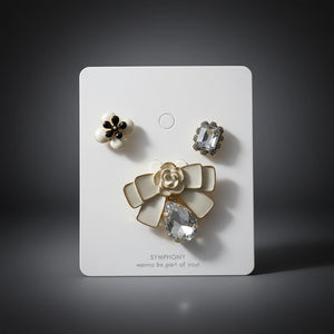 Set 3 Spille Donna Eleganti Fiocco con Cristallo, Camelia e Fiore Perlato — Spille Dorate Chic