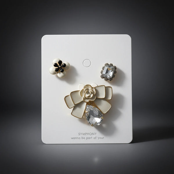 Set 3 Spille Donna Eleganti Fiocco con Cristallo, Camelia e Fiore Perlato — Spille Dorate Chic