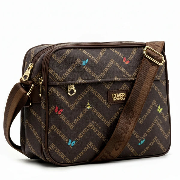 Borsa firmata Coveri active borsetta donna logo zip tracolla fantasia farfalle grande multi tasche limited edition