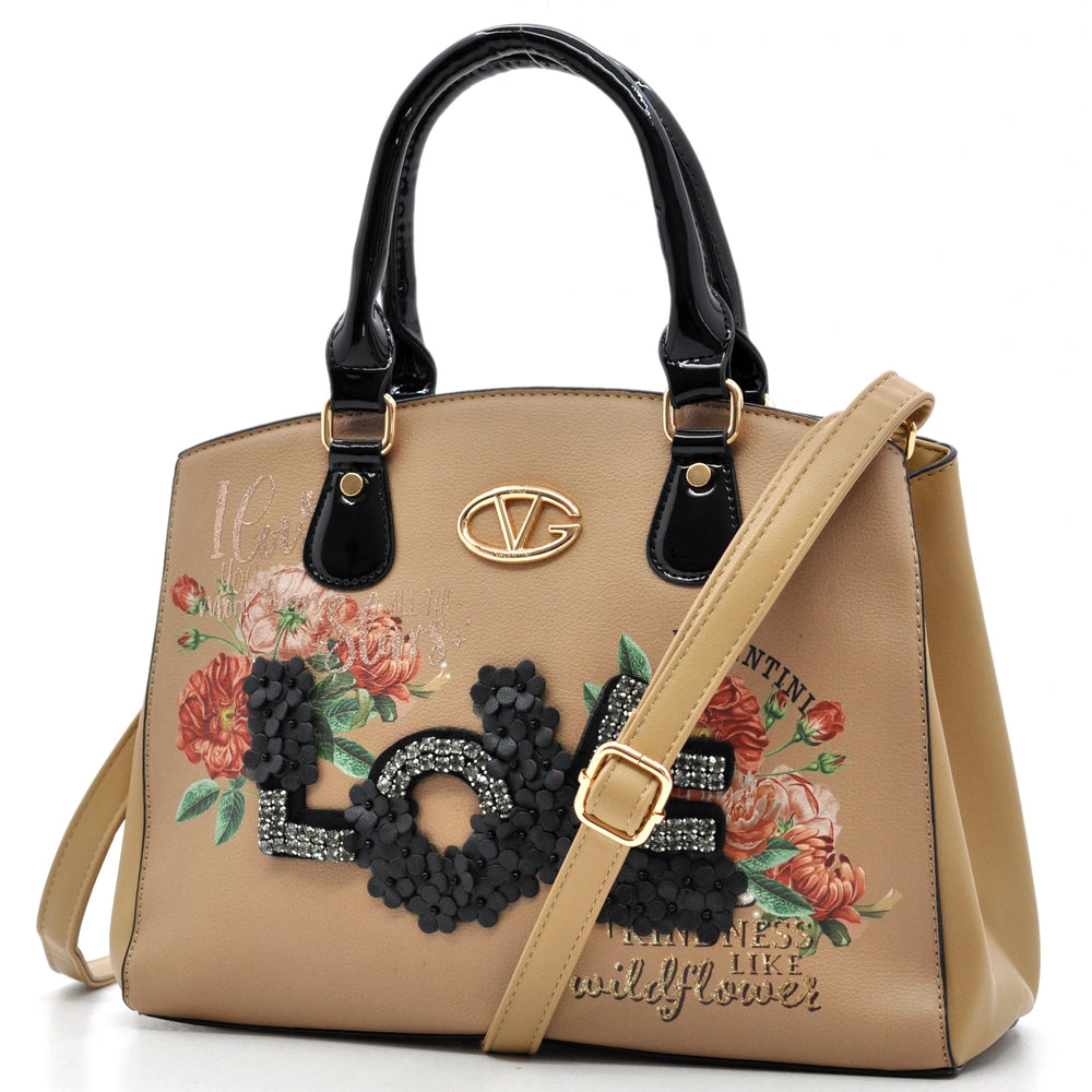 Borsa donna Valentini Gino beige con fiori e scritta LOVE – Borsa a mano e tracolla elegante