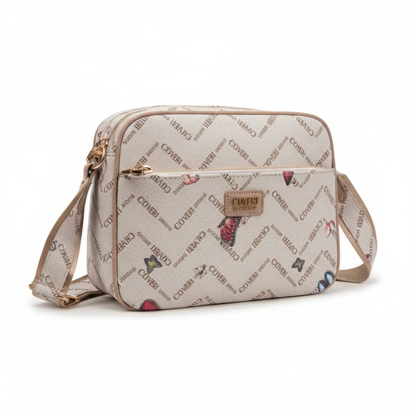 Borsa firmata Coveri active borsetta donna logo zip tracolla fantasia farfalle grande multi tasche limited edition