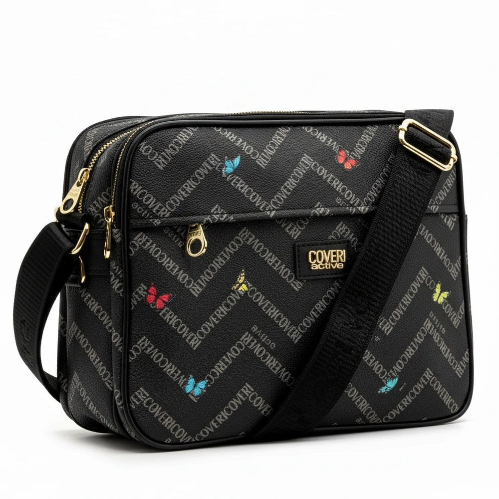 Borsa firmata Coveri active borsetta donna logo zip tracolla fantasia farfalle grande multi tasche limited edition
