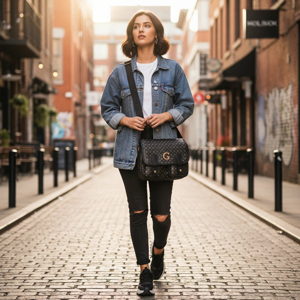 Borsa firmata GAMAYA dimensione grande vintage platta cinghie tracolla donna logo fantasia logata