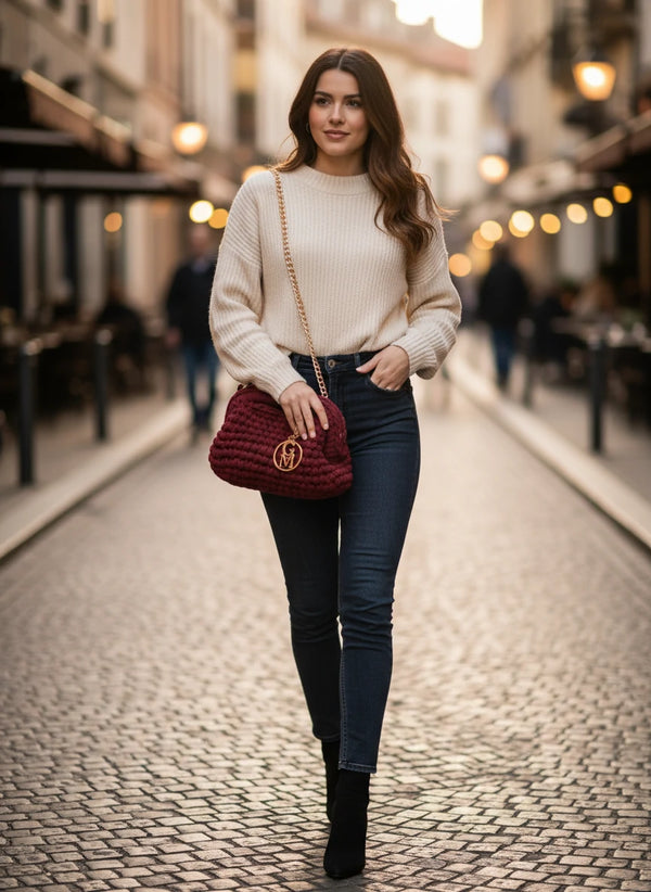 La Giusy - Borsa clutch bag firmata fatta a mano borsetta chiusura a molla uncinetto fettuccia