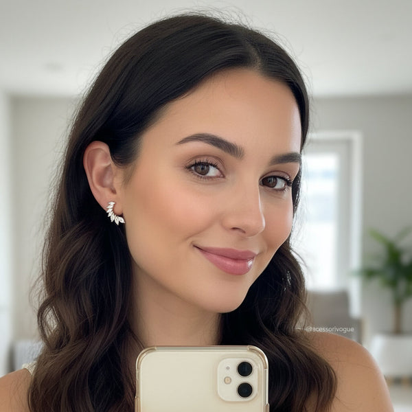 Orecchini Rampicanti Ear Climber a Foglia con Zirconi Marquise