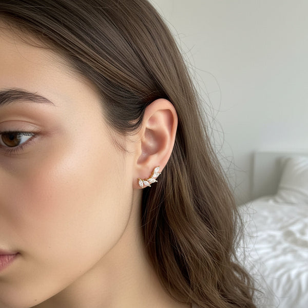 Orecchini Rampicanti Ear Climber a Foglia con Zirconi Marquise