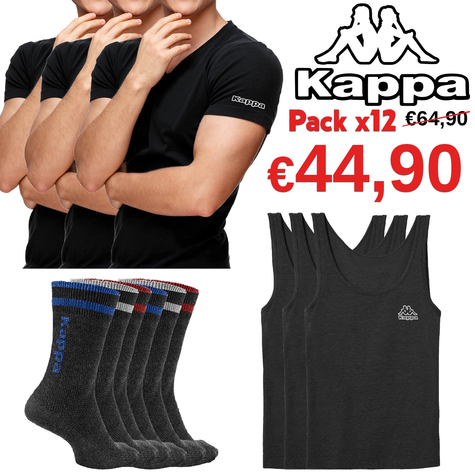 12 Pack NERO Kappa NERA t shirt canotta maglia mezza manica calza polpaccio cotone slim fit intimo casual