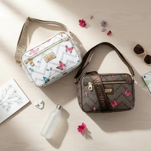 Borsa firmata Coveri active borsetta donna logo zip tracolla fantasia piccola limited edition farfalle