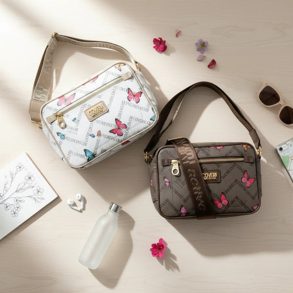 Borsa firmata Coveri active borsetta donna logo zip tracolla fantasia piccola limited edition farfalle