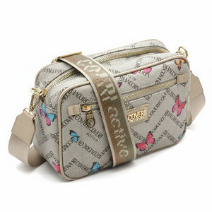 Borsa firmata Coveri active borsetta donna logo zip tracolla fantasia piccola limited edition farfalle