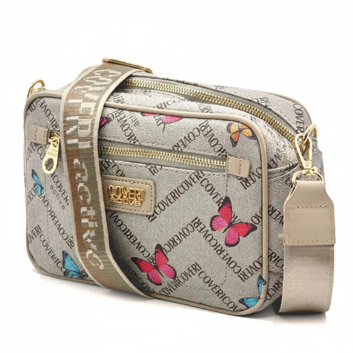Borsa firmata Coveri active borsetta donna logo zip tracolla fantasia piccola limited edition farfalle