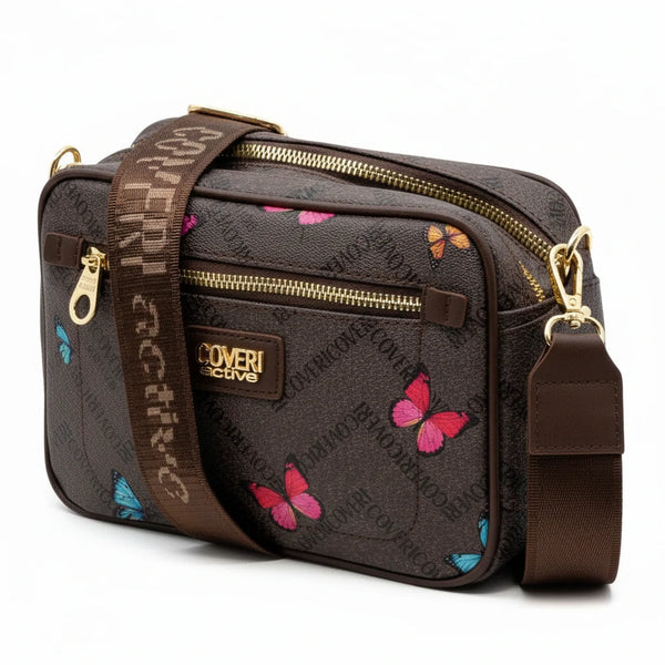Borsa firmata Coveri active borsetta donna logo zip tracolla fantasia piccola limited edition farfalle