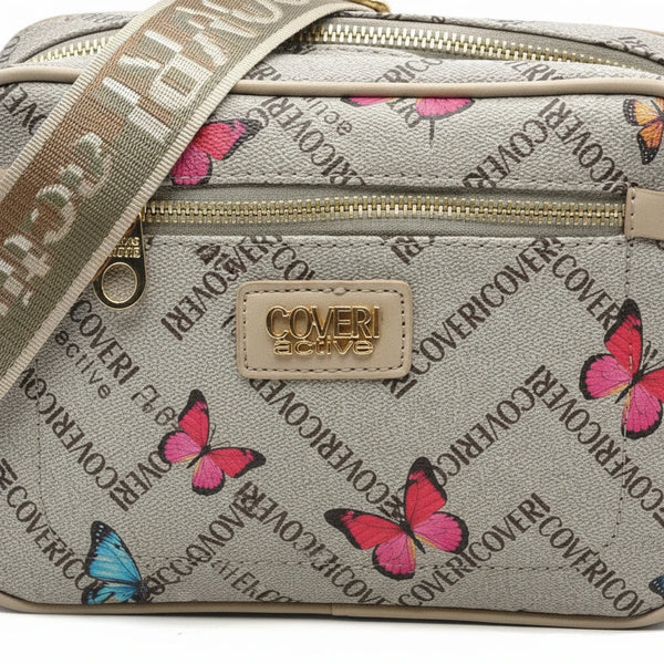Borsa firmata Coveri active borsetta donna logo zip tracolla fantasia piccola limited edition farfalle