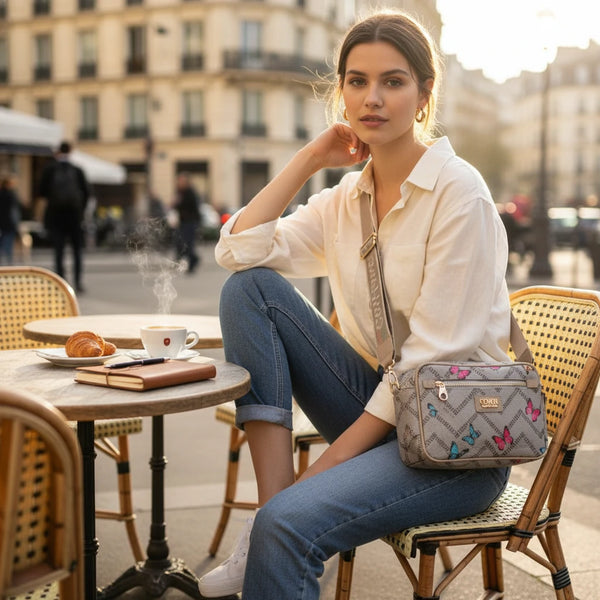 Borsa firmata Coveri active borsetta donna logo zip tracolla fantasia piccola limited edition farfalle