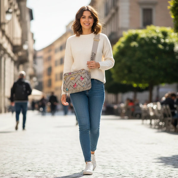 Borsa firmata Coveri active borsetta donna logo zip tracolla fantasia piccola limited edition farfalle