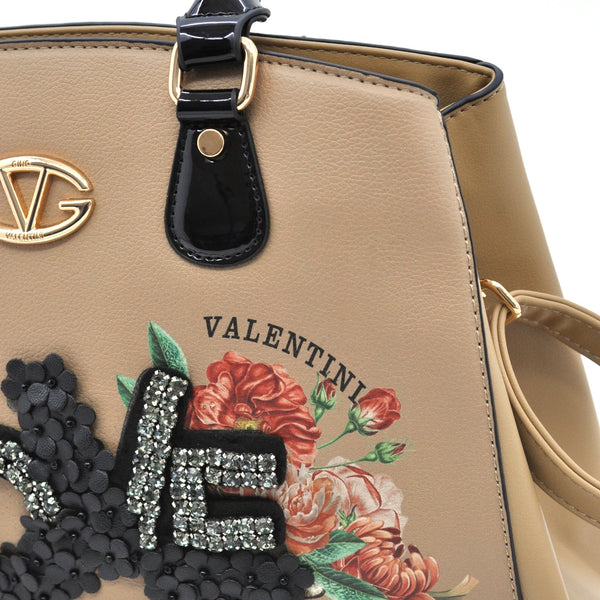 Borsa donna Valentini Gino beige con fiori e scritta LOVE – Borsa a mano e tracolla elegante