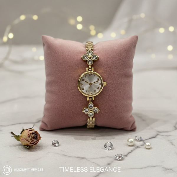 Orologio Gioiello "Ninfea" Gold con Motivi Floreali e Cristalli