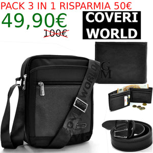 Pack 3in1 Borsello coveri uomo nero + portafoglio + cintura in vera pelle italy