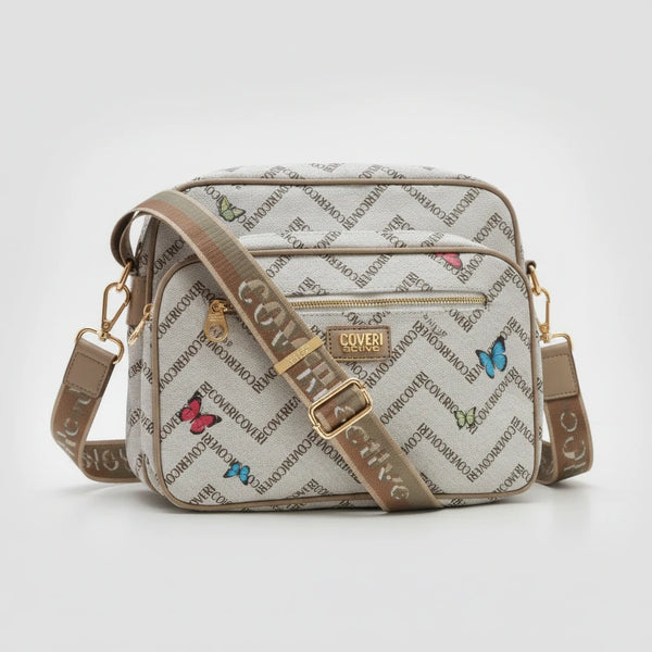 Borsa firmata COVERI ACTIVE 5 zip cerniere logata tracolla donna logo zip tracolla fantasia farfalle multi tasche