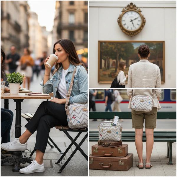 Borsa firmata COVERI ACTIVE 5 zip cerniere logata tracolla donna logo zip tracolla fantasia farfalle multi tasche