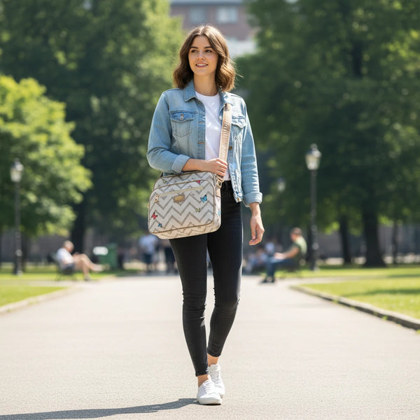 Borsa firmata COVERI ACTIVE 5 zip cerniere logata tracolla donna logo zip tracolla fantasia farfalle multi tasche