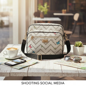 Borsa firmata COVERI ACTIVE 5 zip cerniere logata tracolla donna logo zip tracolla fantasia farfalle multi tasche