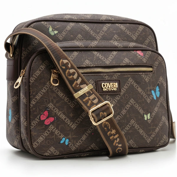 Borsa firmata COVERI ACTIVE 5 zip cerniere logata tracolla donna logo zip tracolla fantasia farfalle multi tasche