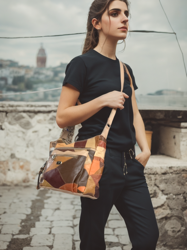 Borsa firmata COVERI ACTIVE in vera pelle a tracolla multitasche multicolore